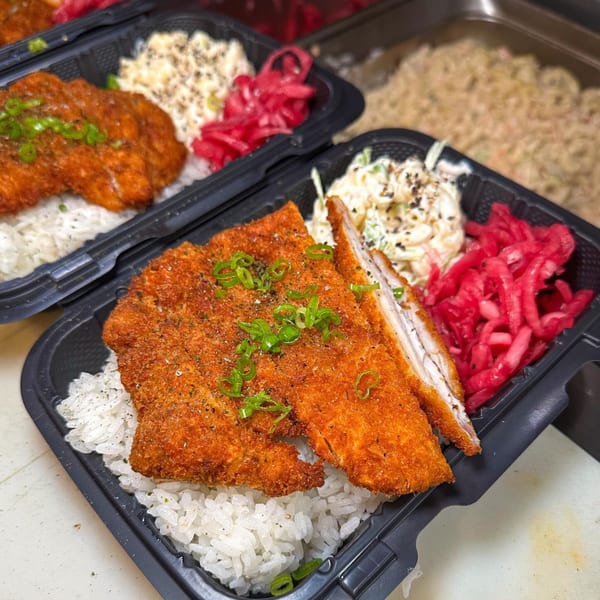 Two takeout containers with crispy fried chicken, white rice, coleslaw, and bright pink pickled onions.